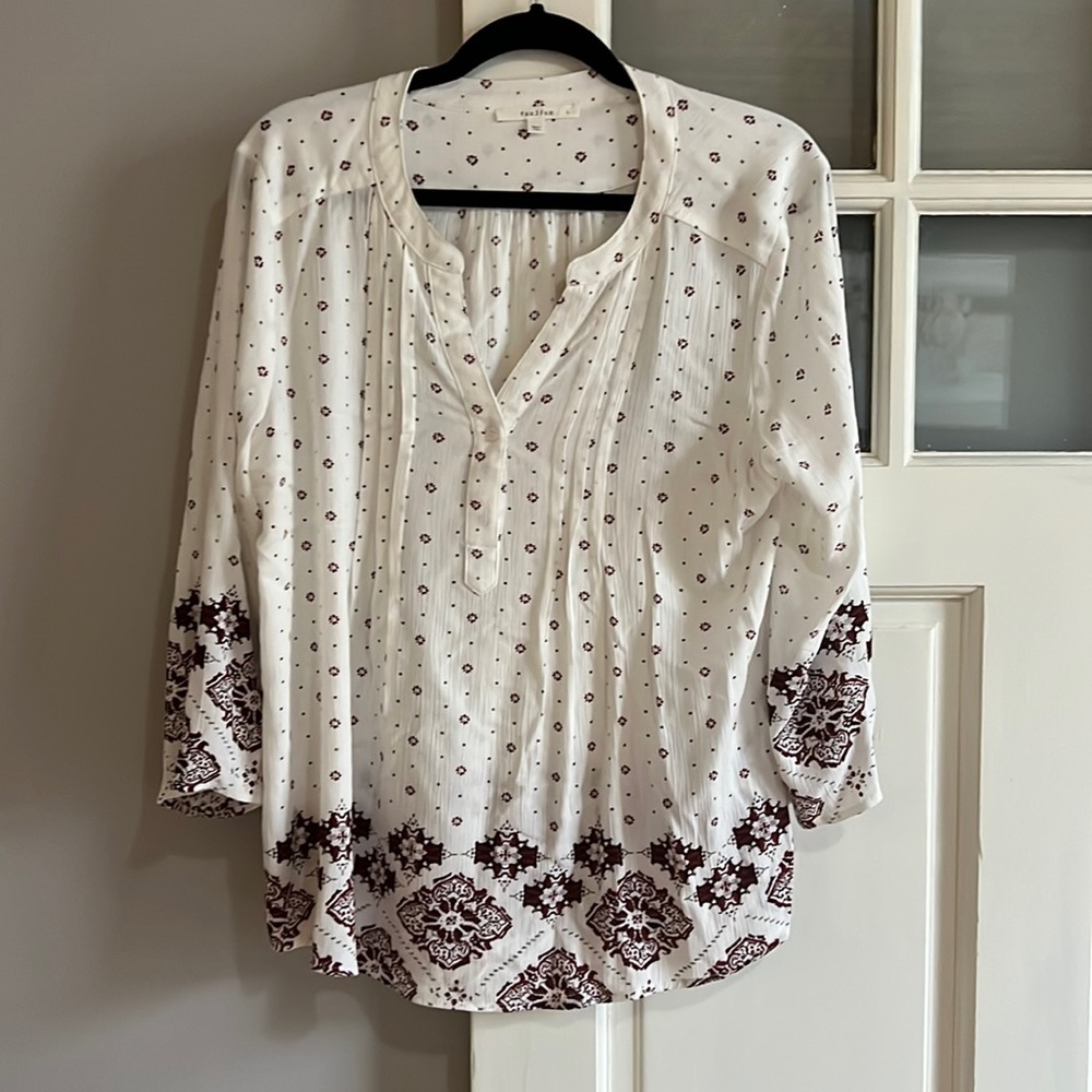 White with red/purple detail, pleated front top with flare sleeve